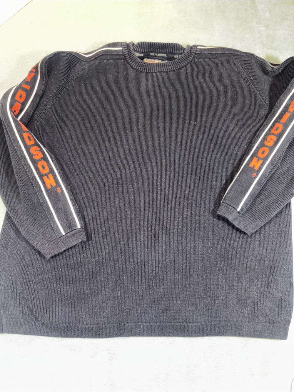 Vintage Harley-Davidson Ribbed Knit Sweater Sleeve Spellout Black Orange XL